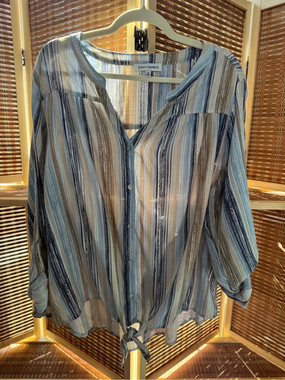 Emily Daniels Blue & Tan Striped Tie-Hem Button Down Shirt N0359
